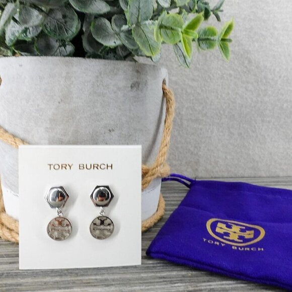 Tory Burch Hexagon Circle Logo Drop Earrings Silver OS - Picture 8 of 12